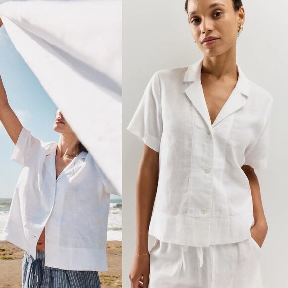 Quince White Linen Short Sleeve Shirt Women’s Size Large Button Front Top - Picture 1 of 7